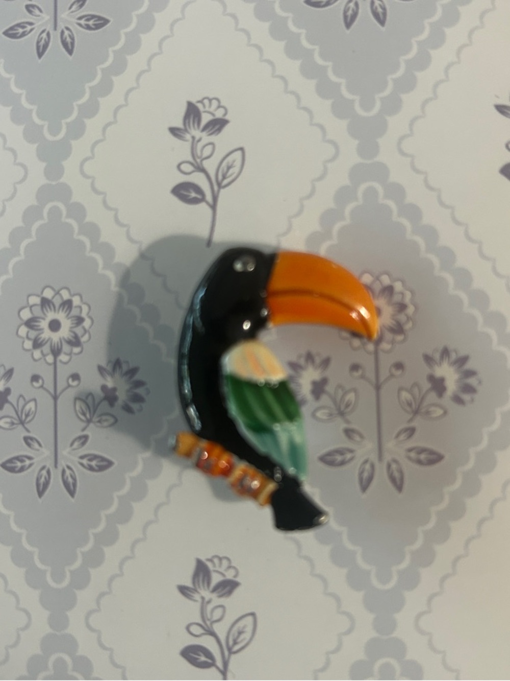 Enamel Toucan Brooch Pin in Black, Orange & Green
